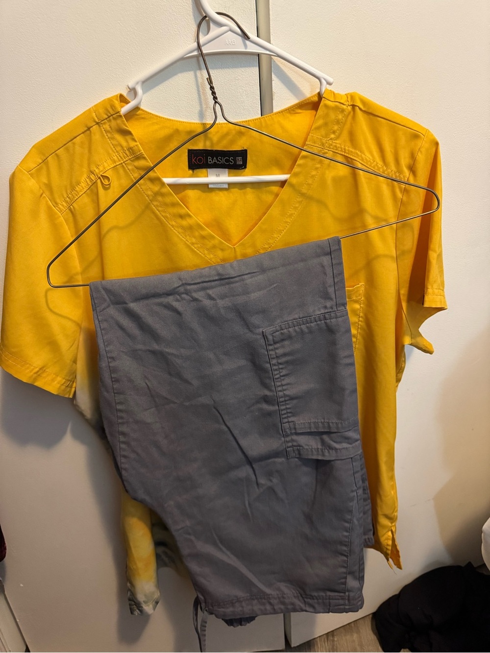 Yellow Scrub Top with Gray Jogger Pants